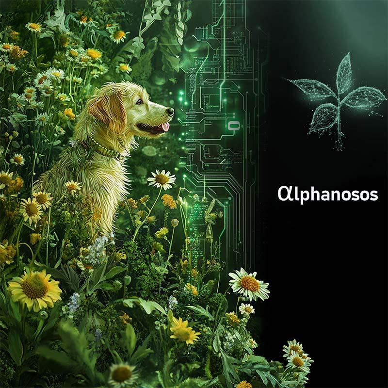 PhytoPyo-Mousse-Nettoyante-science PhytoPyo Mousse nettoyante - La science derrière nos produits<br />
Chien assis à côté de fleurs et d'herbes dans la nature regardant un abysse qui contient une plante néon représentant lIntelligence Artificielle