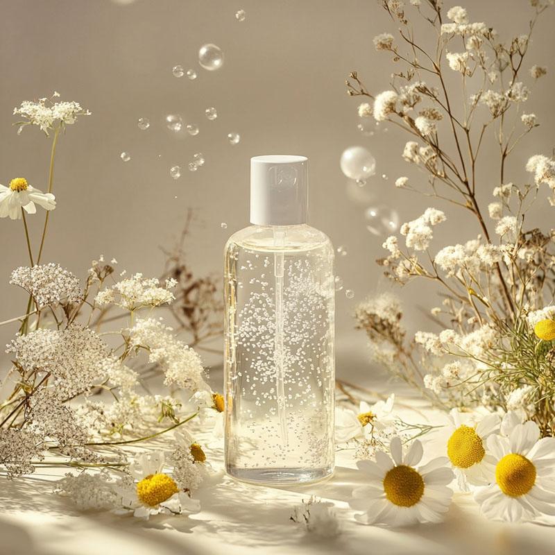 PhytoPyo-Nousse.Nettoyante-AI Mousse nettoyante PhytoPyo - Intelligence Artificielle Une composition au design soigné, avec un flacon de mousse épaisse cosmétique, entouré d’ingrédients naturels : des fleurs de Reine des Prés aux délicats pétales blancs, des fleurs de Camomille Grande Camomille aux cœurs jaune vif et aux pétales blancs, et des boutons de Girofle séchés. Le décor est épuré et lumineux, avec une lumière douce et naturelle soulignant la pureté des ingrédients. Le flacon contient des touches de motifs numériques, comme des circuits lumineux et des nœuds lumineux, intégrées aux bulles de mousse pour représenter l’intelligence artificielle. Le ton général est moderne, frais et sophistiqué, avec une esthétique minimaliste.